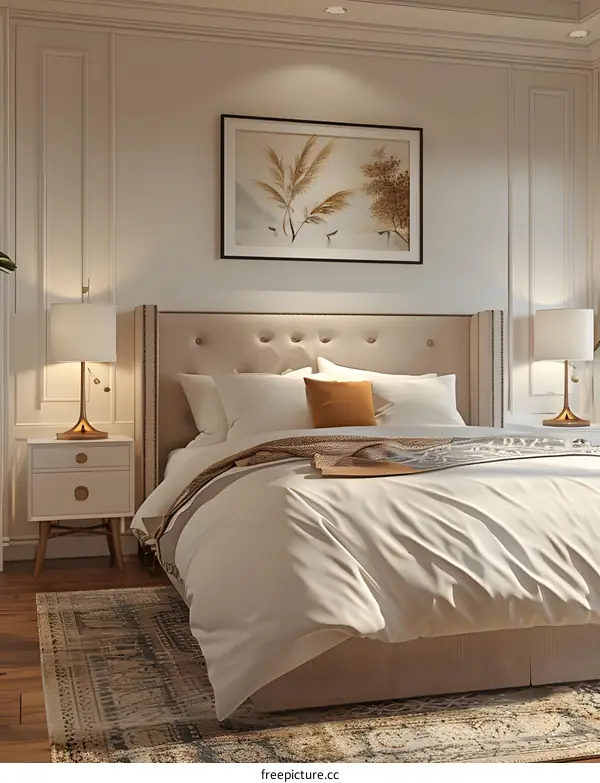 A painting on the head of the bed, two lamps on the bedside table