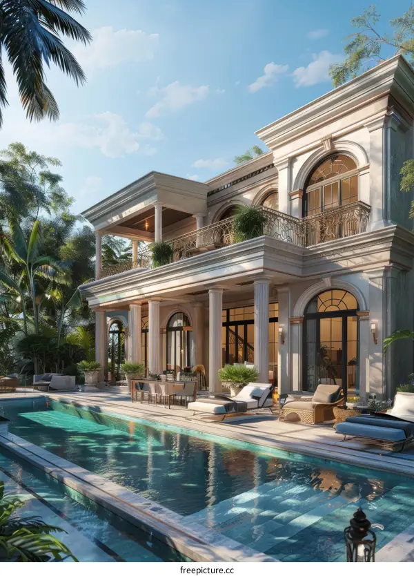 Luxurious Villa with Towering Palm Trees and an Azure Pool
