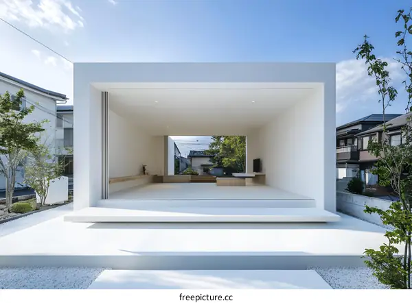 Modern Minimalist White House with Open Terrace and View of Backyard