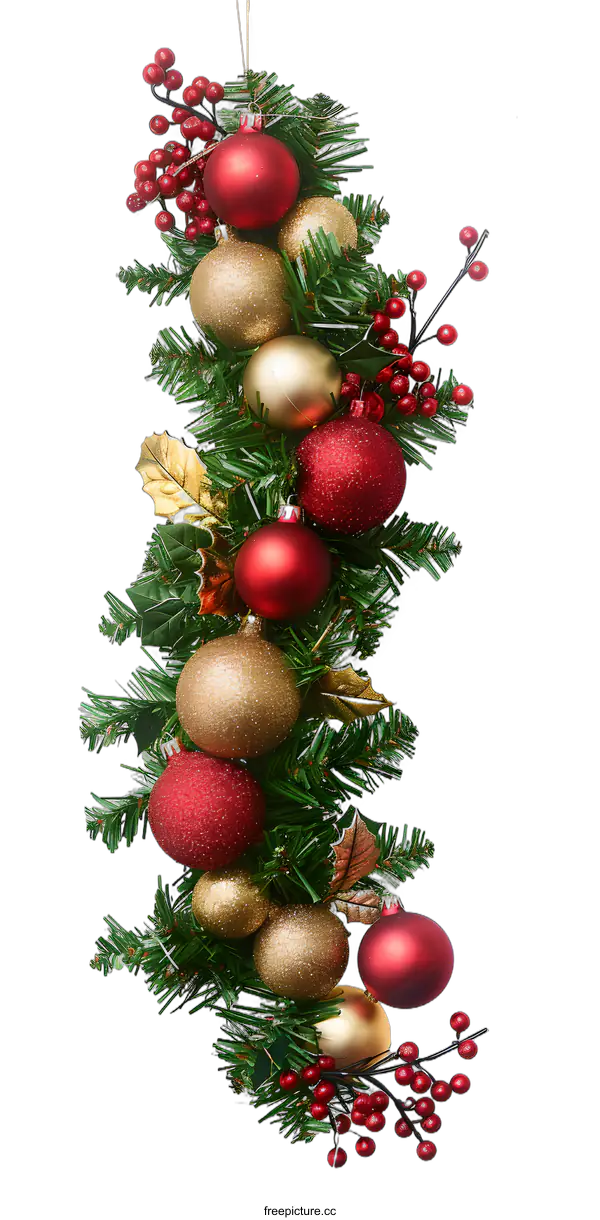 [Transparent Background PNG]Christmas Garland Decoration with Red and Gold Ornaments