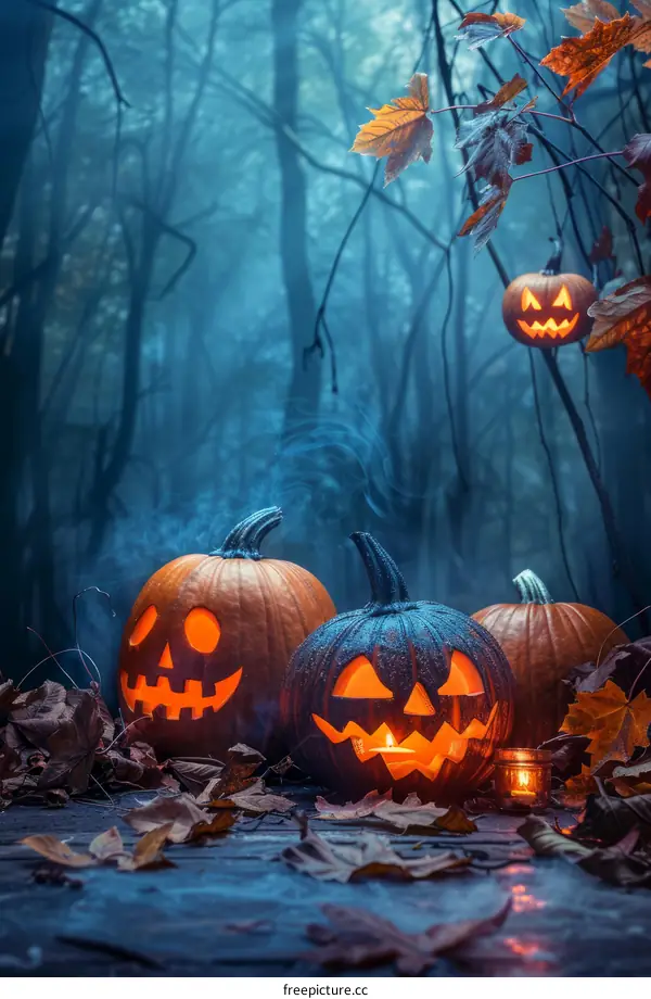 Halloween pumpkins in a spooky forest