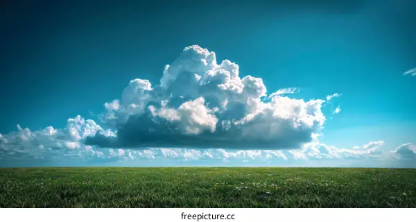 Large white cloudscape over green grassy field under blue sky