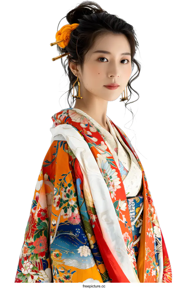 [Transparent Background PNG]Portrait of a young woman in a kimono