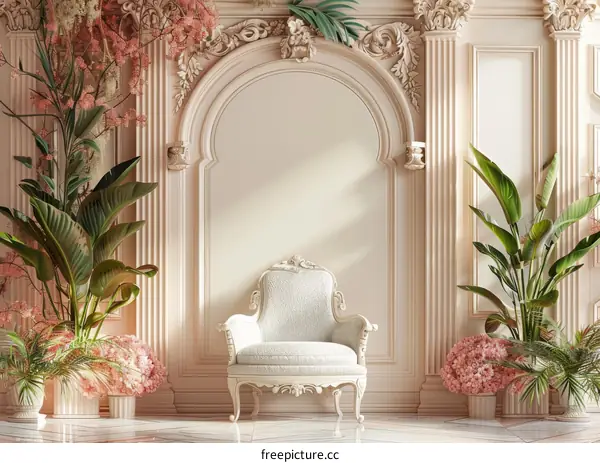 Classic Interior Design with Flowers and White Armchair
