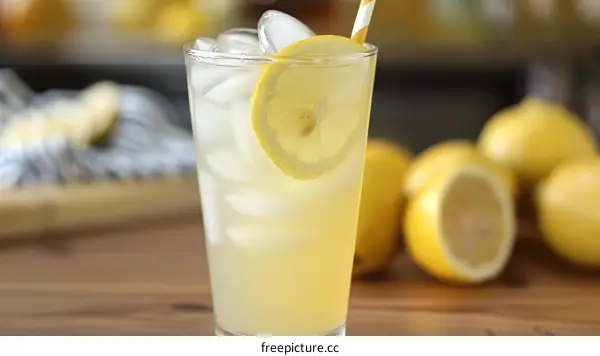 Refreshing Iced Lemonade with Lemon Slice and Straw