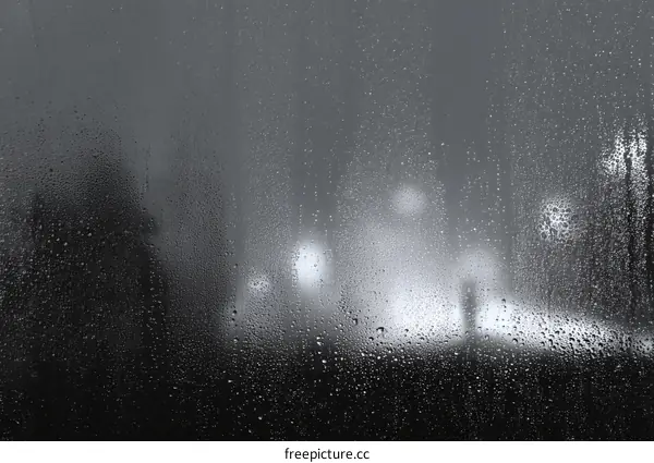 Rainy Night View Through a Foggy Window with a Silhouette