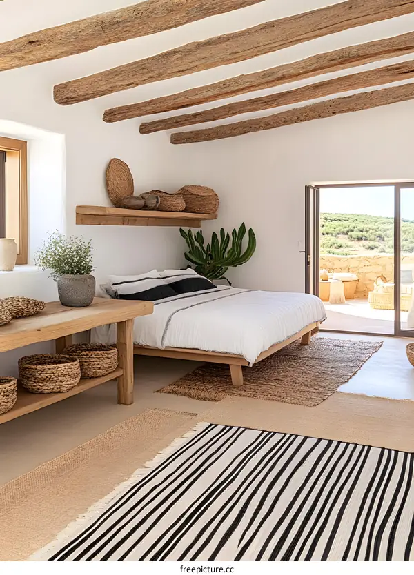 White Bedroom With Wooden Beams and Natural Rugs