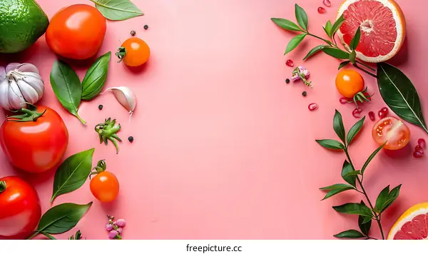 Fresh Vegetables and Fruit on Pink Background