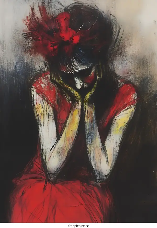 Red Dress Woman Sitting in Sorrow with a Bow on Her Hair