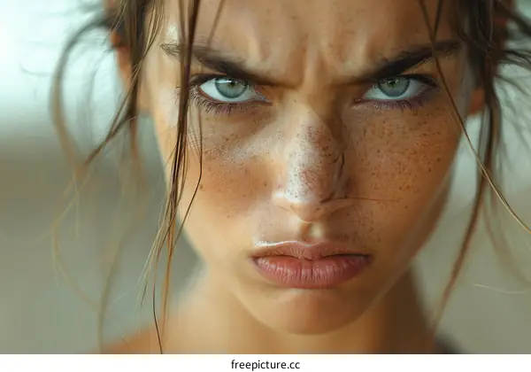 Close up portrait of a woman with green eyes and freckles looking angry