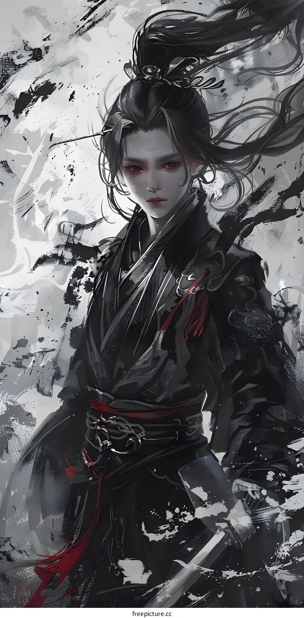 Black and White Digital Illustration of a Young Woman with Long Hair Wearing a Traditional Chinese Dress