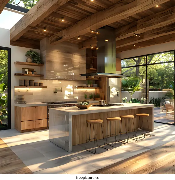 Modern Kitchen Interior Design With Wooden Beams and Island