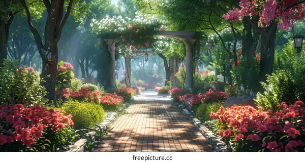 Enchanted Fantasy Garden with Pink Flowers and Stone Path
