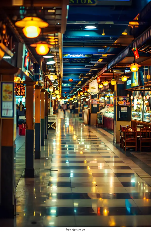 Night Market in Asia with Colorful Lights and Shops