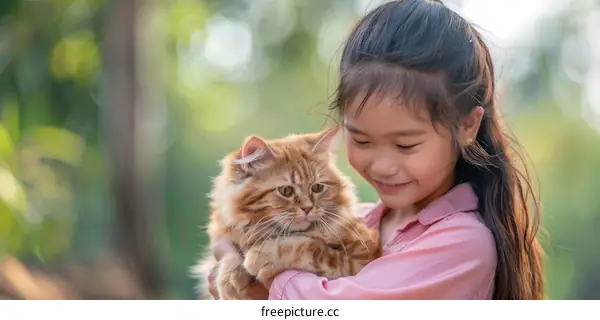 Little girl hugging a ginger cat