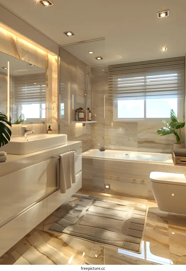 Bathroom interior design with beige marble tiles, large bathtub and green plants