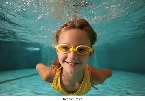 Young girl swimming underwater with yellow goggles in pool