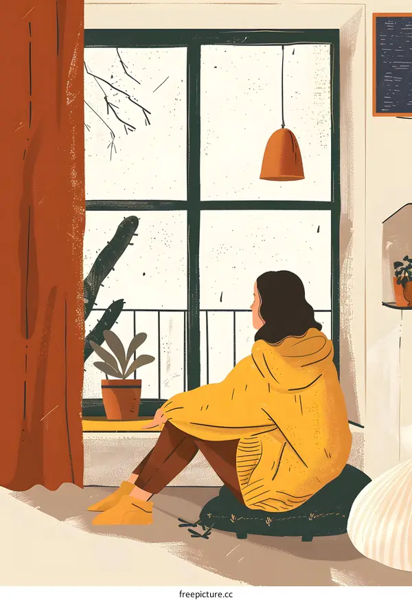 Woman Sitting By The Window Looking Out