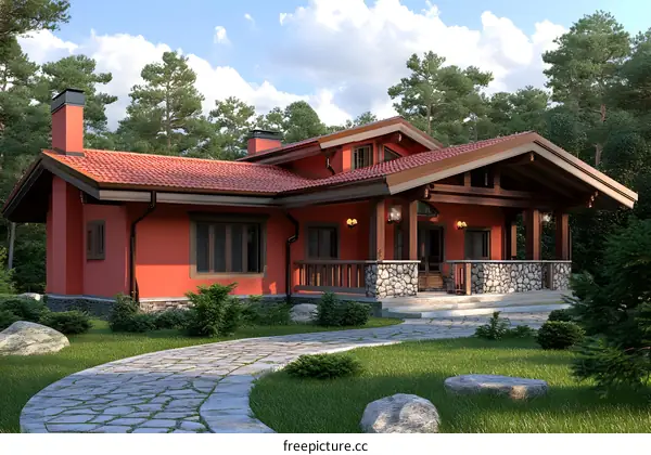 Red House with Stone Walkway and Green Grass