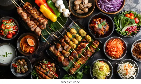 Various kinds of delicious grilled meat and vegetable skewers served on a table