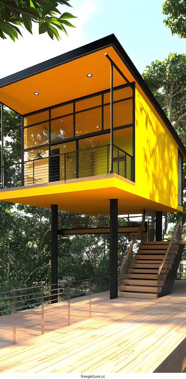 Modern Yellow House With Wooden Deck And Stairs In The Forest