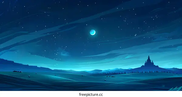 Night Sky with Stars and Moon Over a Silhouette of a Castle and Hills