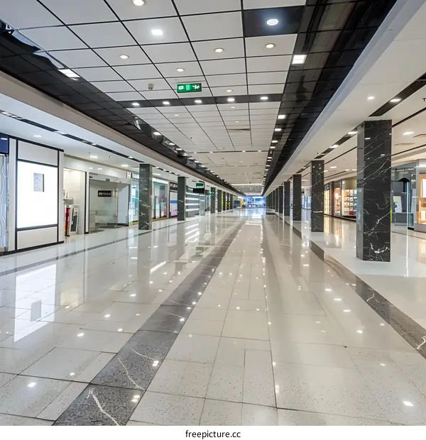 Empty Shopping Mall Hallway With Bright Lighting