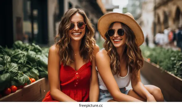 Two young women sitting on a bench and smiling