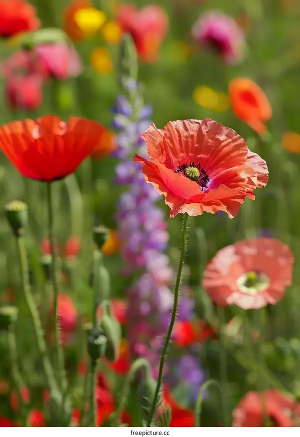Close Up Of Red Poppy Flower In A Field Of Flowers