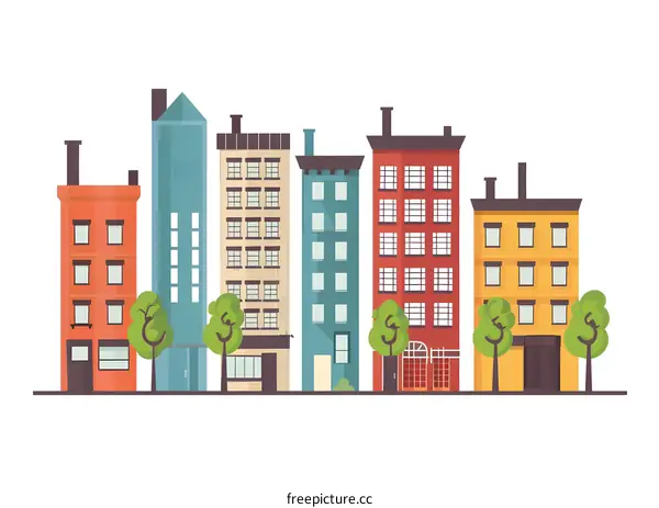 Colorful Cityscape Illustration with Buildings and Trees