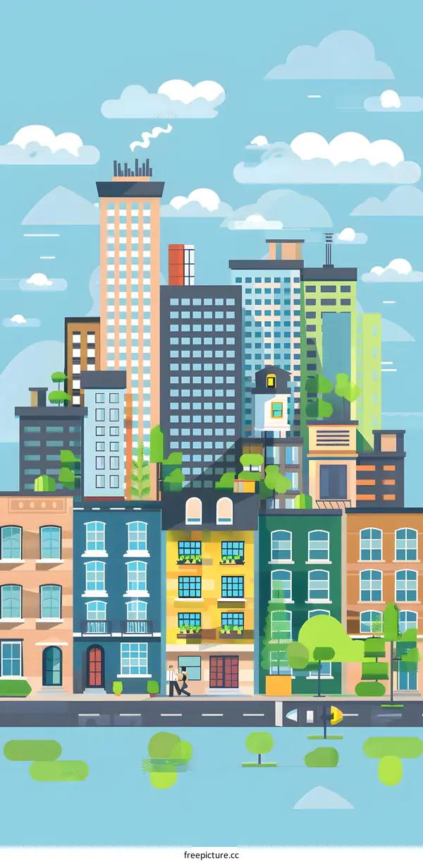 Flat Style Cityscape Illustration With Two People Walking Down The Street