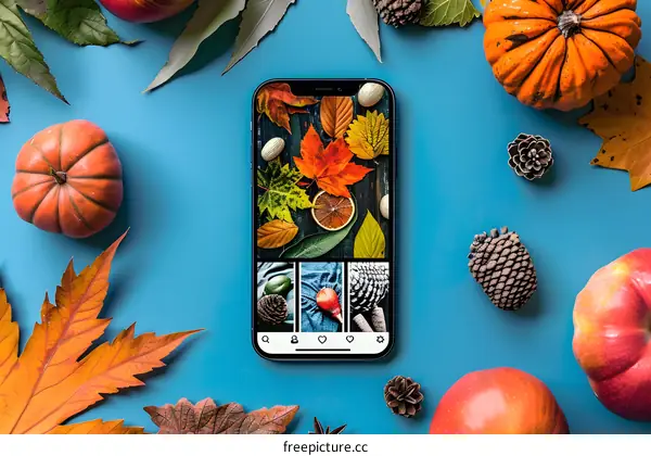 Autumn Leaves on Phone Screen with Fall Decorations