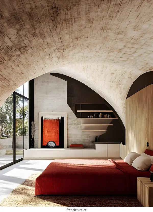 Modern Bedroom Interior Design with Curved Ceiling and Large Windows