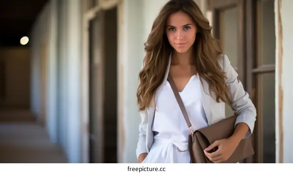 Elegant young woman with brown wavy hair wearing white jumpsuit and gray blazer holding brown handbag