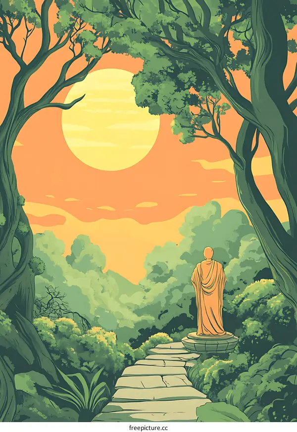 Monk Walking Through Forest Path Towards Sunset