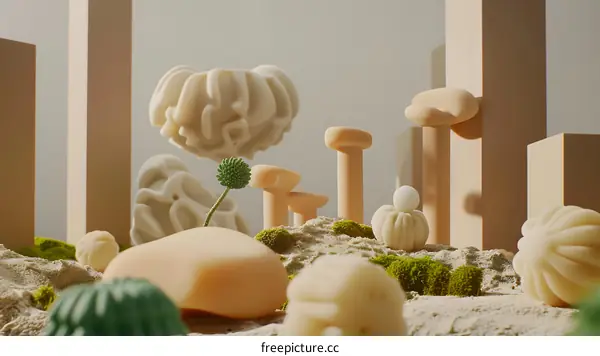 Abstract 3D Rendered Illustration of Minimalist Desert Landscape with Green Plants and Beige Shapes