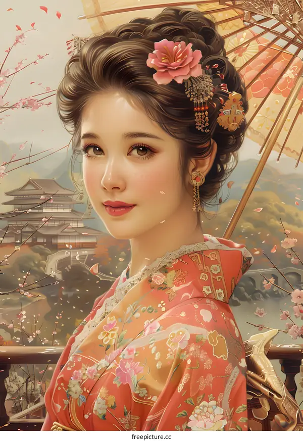 A beautiful Japanese woman in a kimono holding an umbrella