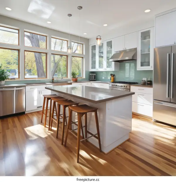 Modern White Kitchen with Large Windows and Wood Dining Table