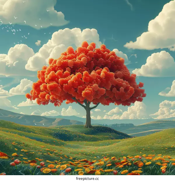 red tree in a green field