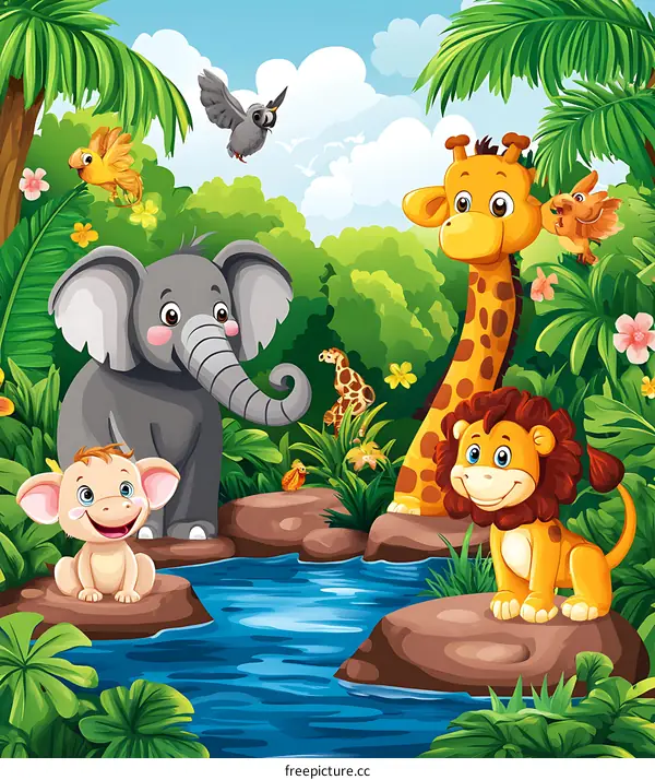 Cute Cartoon Animals In The Jungle