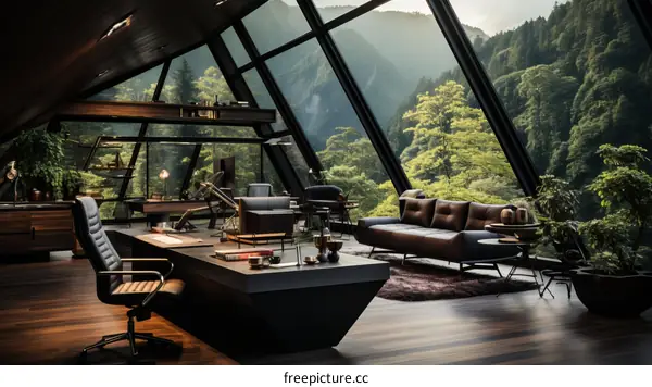 Modern office interior with large windows and a view of the forest