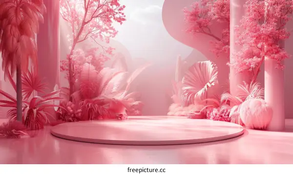 Pink surreal landscape with platform