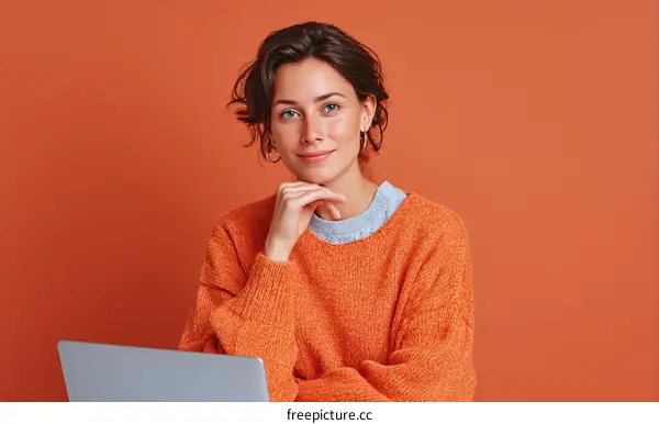 Woman in Orange Sweater with Laptop