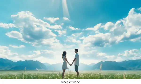 Couple holding hands in a vast field of grass with mountains in the distance