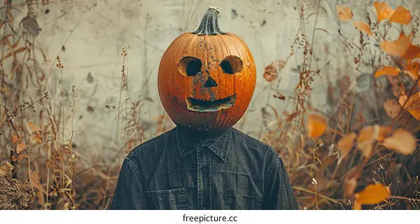 Man Wearing Pumpkin Head in Field of Wheat