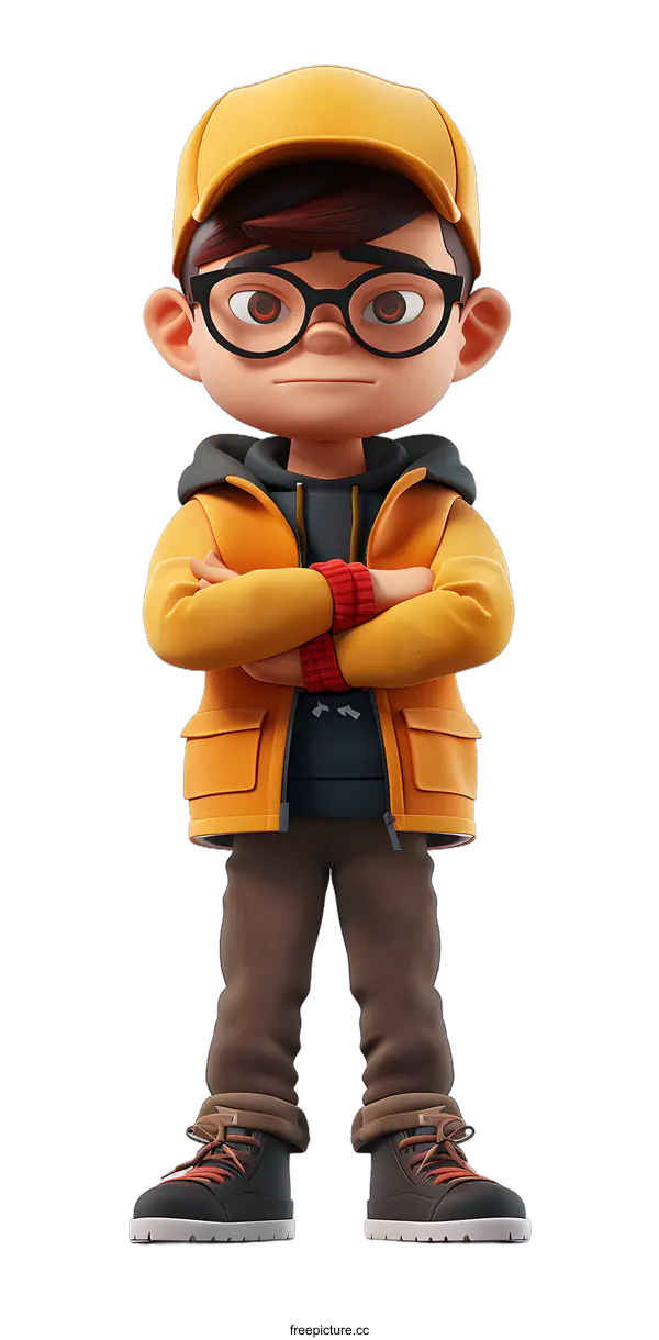 [Transparent Background PNG]3D rendering of a boy wearing a yellow jacket and glasses