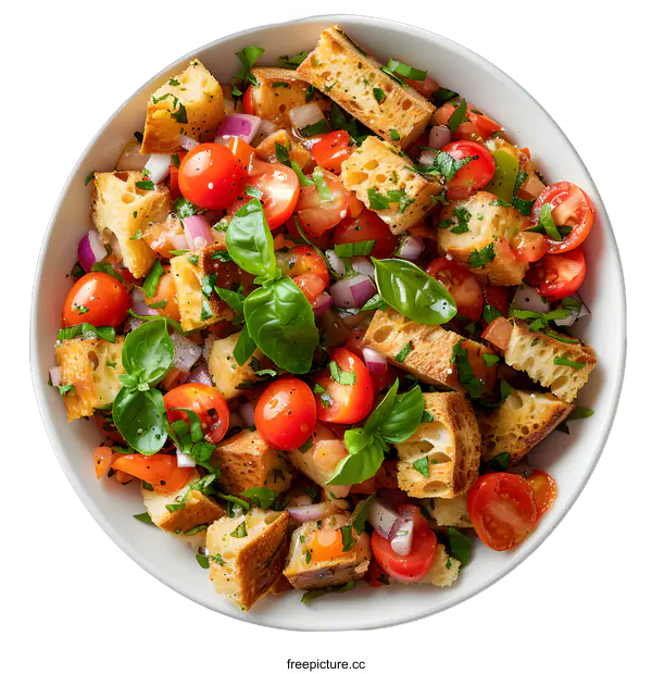 [Transparent Background PNG]Top view of a bowl of traditional italian bruschetta salad with tomatoes, basil and bread