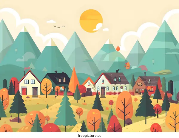 Autumn Landscape with Mountain and Houses