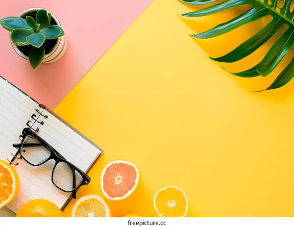 Summer Flat Lay with Lemon, Grapefruit, Green Leaves and Notebook