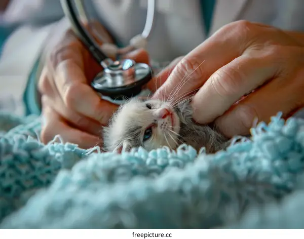 Veterinarian Examining Kitten with Stethoscope